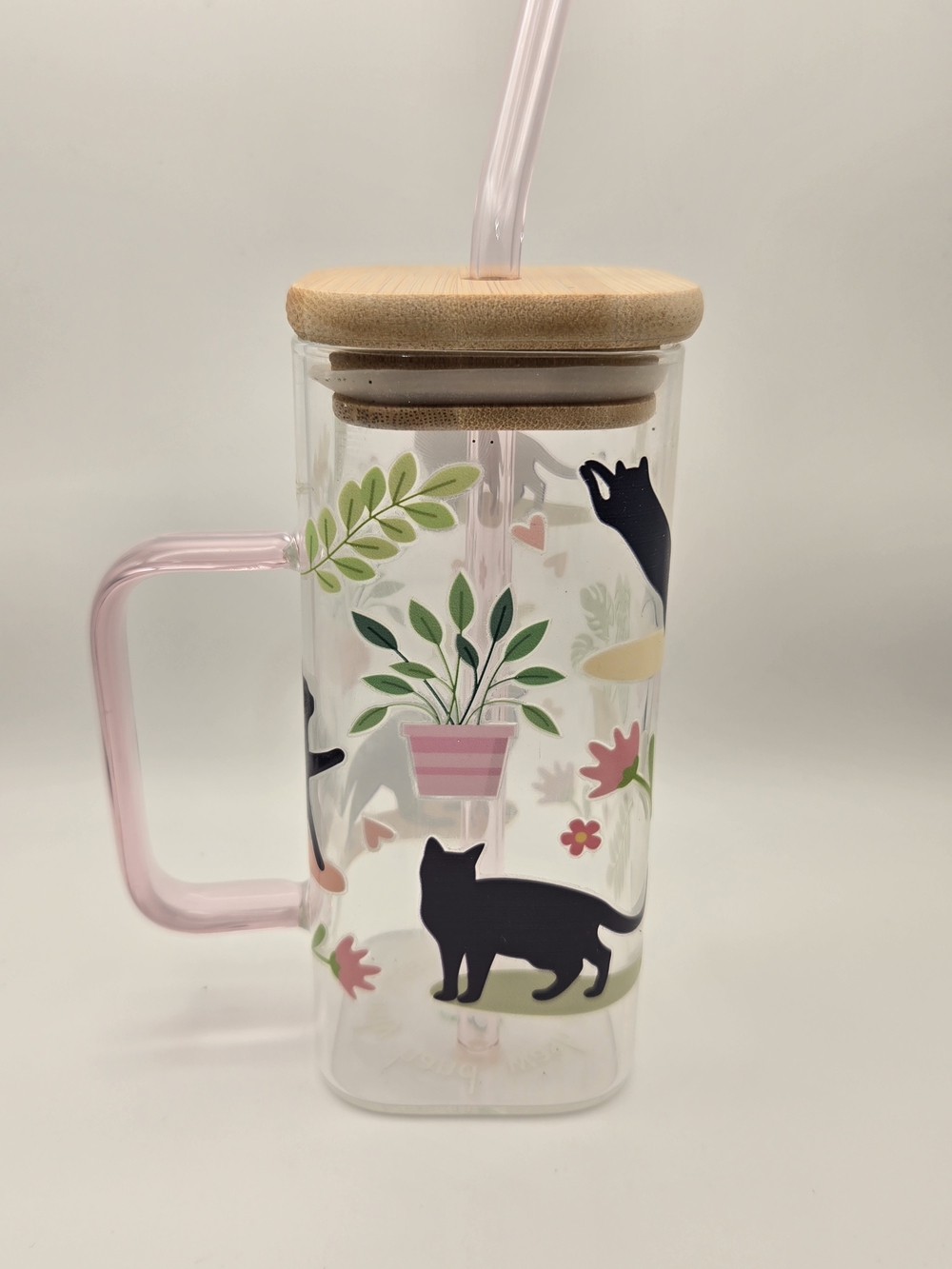 Pink Handle Cat Garden Glass Travel Mug with Bamboo Lid 14oz